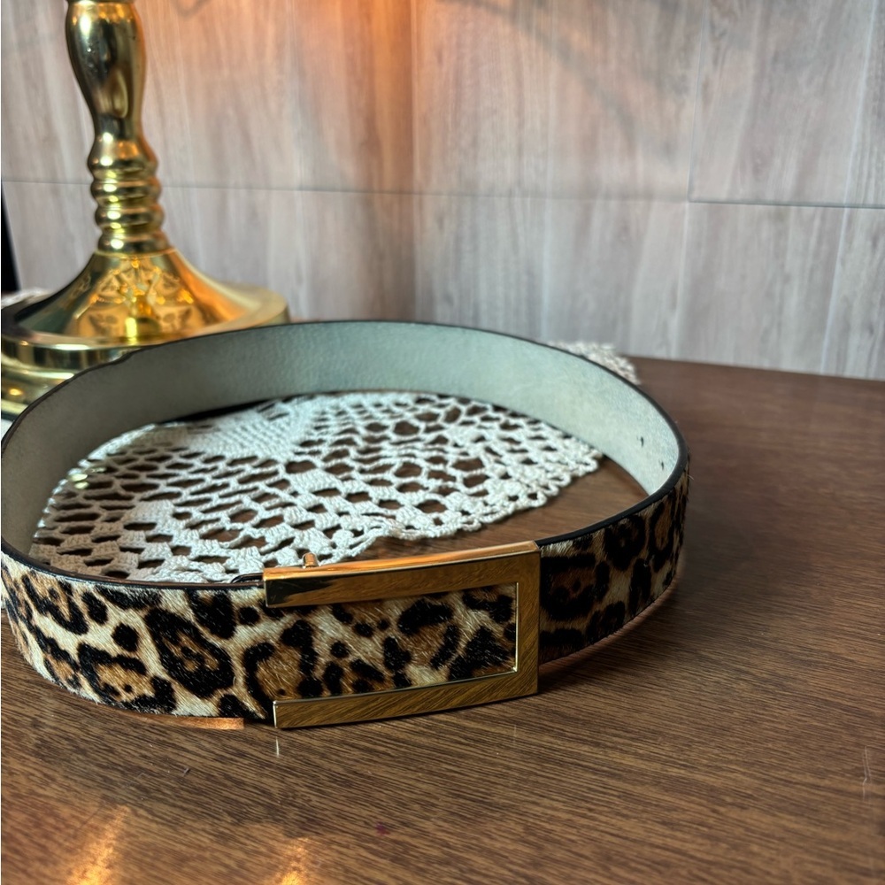 White House Black Market Leopard Print Hair Calf & Leather Belt with Gold Buckle